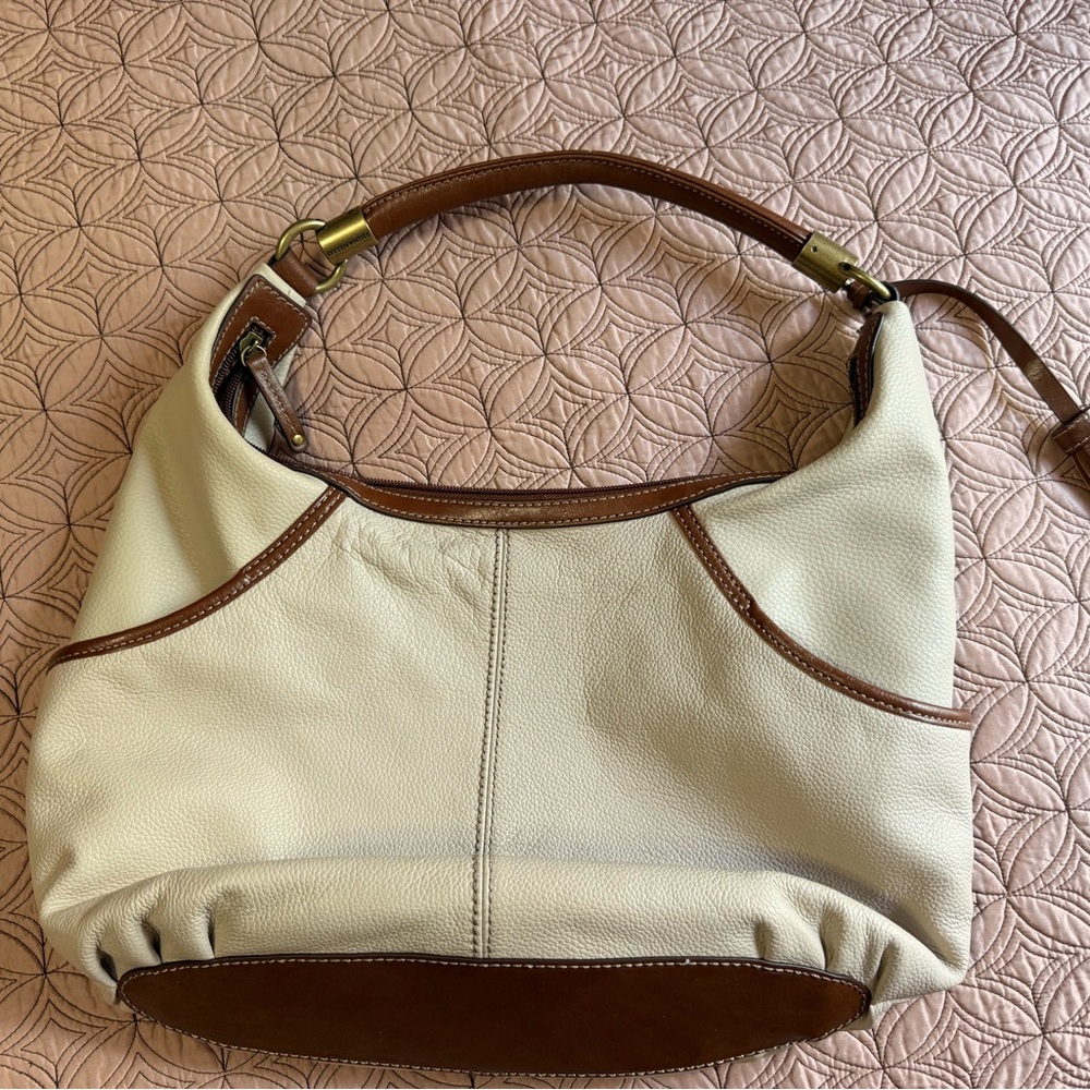 TIGNANELLO Medium-Large Cream and Brown Pebbled Leather Hobo Bag. 16”